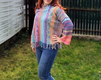 OOAK Rescued Yarns hand-knitted pullover fringed sweater in various pastel colors - mostly COTTON blend yarns