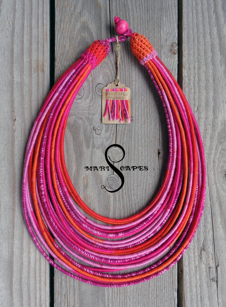 Cotton Love #5 yarn-wrapped necklace tribal hippie bohemian pink fuchsia 100/% cotton