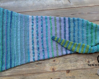 OOAK hand-knitted asymmetric chameleon shawl in oceanic mix of soft acrylic and mohair yarns