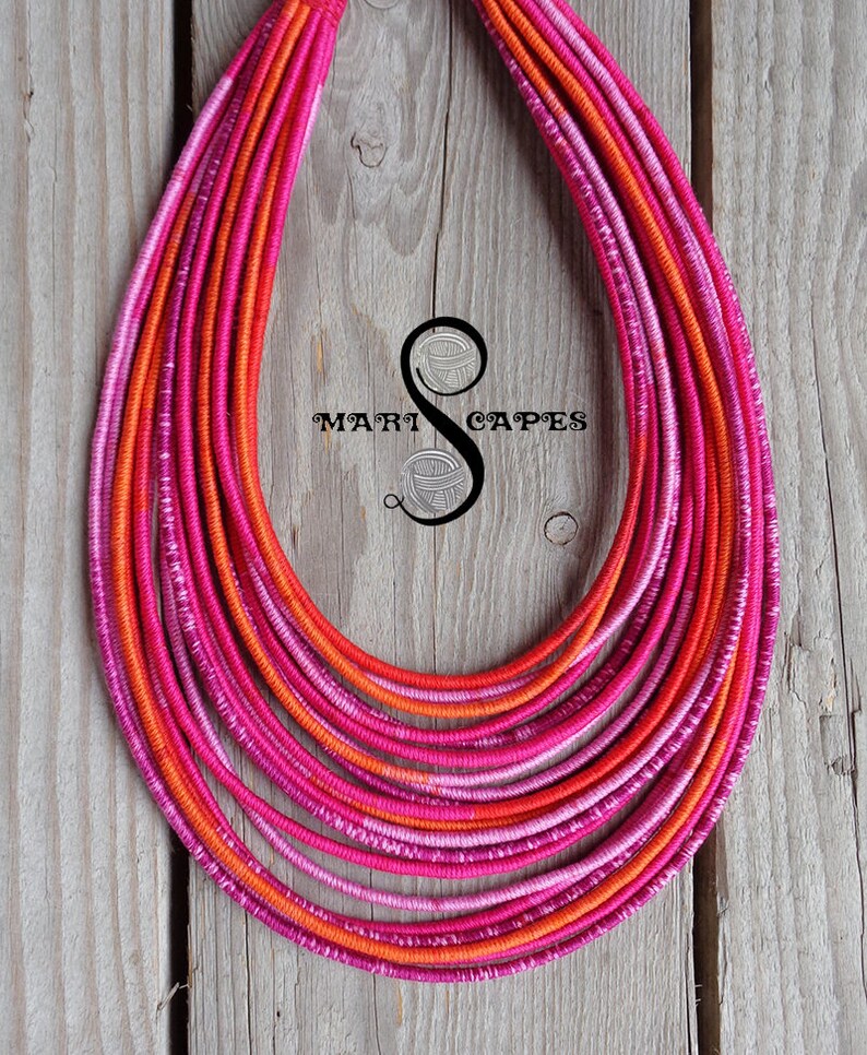 Cotton Love #5 yarn-wrapped necklace  tribal  hippie  bohemian  pink  fuchsia  100/% cotton