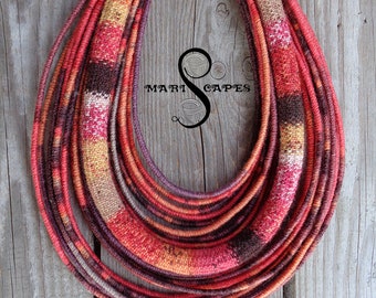 OOAK Autumn Colors yarn-wrapped statement necklace with hand-knitted rope / tribal / hippie / bohemian / folk / coral / rope