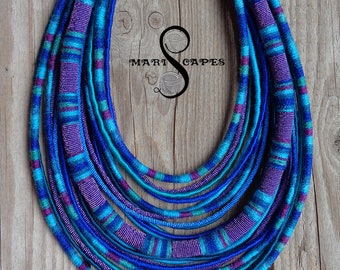 OOAK Queen of Sapphire Sea - yarn-wrapped necklace with rope / tribal / hippie / bohemian / vibrant / rope