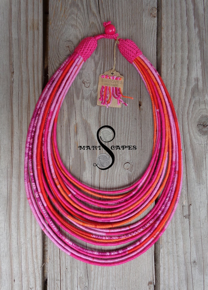 Cotton Love #5 yarn-wrapped necklace  tribal  hippie  bohemian  pink  fuchsia  100/% cotton
