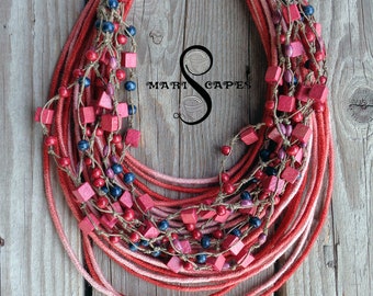 OOAK 2-in-1 set of yarn-wrapped necklace & linen necklace with wooden beads / tribal / hippie / bohemian /