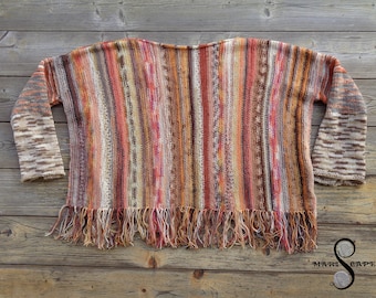 OOAK Rescued Yarns hand-knitted pullover fringed sweater in orange, beige and brown - 75% wool blend yarns / lightweight / boxy / oversize