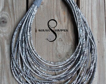 OOAK Grey Sparkle yarn-wrapped statement necklace with tiny sequins / tribal / hippie / bohemian / folk / COTTON