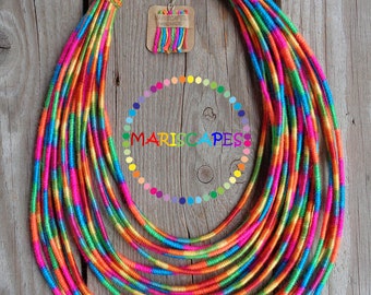 NEW Neon Rainbow yarn-wrapped necklace / tribal / hippie / bohemian / colorful / soft / neon / rainbow