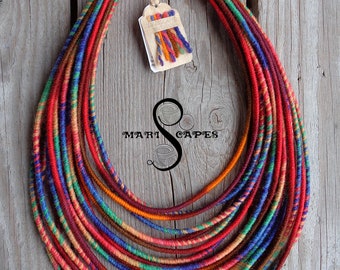 HAPPY HOLI #8 yarn-wrapped necklace  / tribal / hippie / bohemian / vibrant / thread-wrapped / rainbow