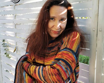 Sweter OOAK ręcznie robiony na drutach Happy Hippie w jesiennych kolorach - JEDEN ROZMIAR unisex S-L 75% wełna / miękki / lekki / kolorowy / oversize
