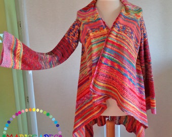 OOAK hand knitted Rescues Yarns cardigan/coat/wrap - ONE SIZE  75% wool / soft / lightweight / colorful  / rainbow / pink mix / lightweight