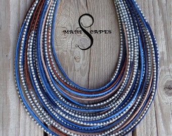 OOAK Maasai inspired yarn-wrapped necklace / tribal / hippie / bohemian / lightweight / brown beige & denim blue