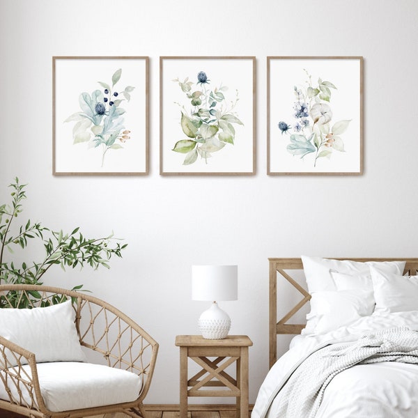 Set of 3 Watercolor Blue Flowers, Wildflower Bouquet, Floral Bouquet, Triptych Wall Art, Bedroom Wall Decor, Light Blue Wall Art, Home Decor