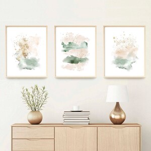 Abstract Painting Set, Triptych Wall Art, Bedroom Wall Decor, Watercolor Print, Blush Pink Gold Green, Pastel Color, Gift for Her Wife image 5