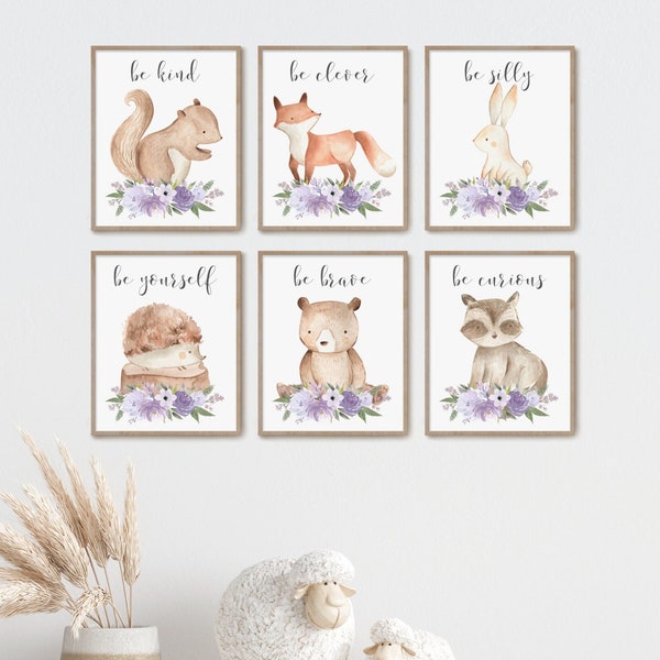 Woodland Animal Prints, Baby Girl Nursery Wall Art, Forest Bear Raccoon Fox Bunny Squirrel, Watercolor Painting, Lavender Purple Lilac, set