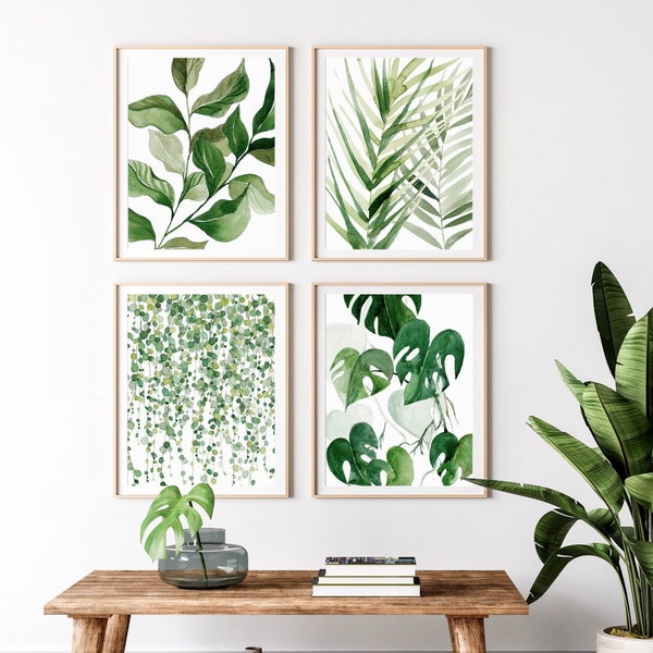 Botanical Print Set, Watercolor Paintings, Plant Posters, Set of 4 Leaf Prints, Living Room Wall Art, Bedroom Wall Decor, Foliage Greenery