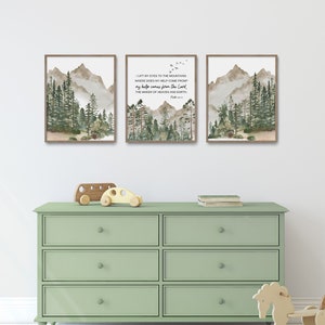 Christian Nursery Decor, Kids Bible Verse Wall Art, Psalm 121:1-2, Scripture Print, Baby Boy Nursery, I Lift My Eyes to the Mountains Forest