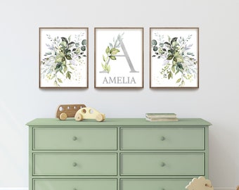 Custom Name Print, Nursery Wall Art, Botanical Print Set, Girls Room Decor, Watercolor Flowers, Baby Shower Gift, Children Kids Poster