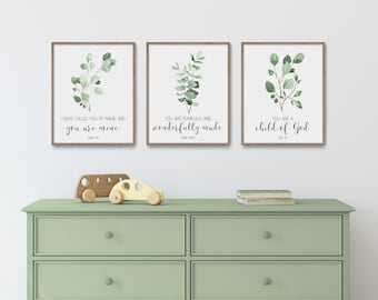 Christian Nursery Decor, Kids Bible Verse Wall Art, Scripture Print, Baby Boy Nursery, Gender Neutral,  Botanical Plant Eucalyptus, Set of 3