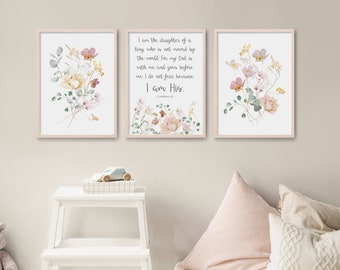 I am the Daughter of a King, Christian Nursery Decor, Bible Verse Wall Art, Scripture Print, Watercolor Flowers, Pink Wildflower Bouquet