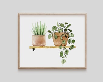 Botanical Print, Houseplant Painting, Plant Poster, Potted House Plant, Foliage Greenery, Bedroom Wall Decor, Horizontal Wall Art, Living