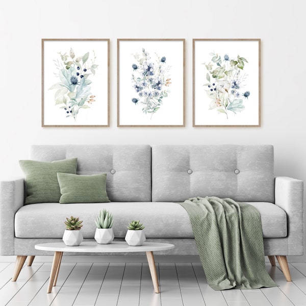 Fleurs bleues, bouquet de fleurs sauvages, bouquet de fleurs, lot de 3 aquarelles, impression botanique bleue, triptyque d'art mural, décoration murale de chambre à coucher