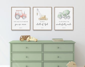 Christian Nursery Decor, Kids Bible Verse Wall Art, Scripture Print, Baby Boy Nursery, Sunday School Church, Watercolor Trucks Construction