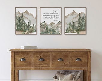 Psalm 121:1-2, I Lift My Eyes to the Mountains, Bible Verse Wall Art, Scripture Print, Christian Gift for Men, Baby Boy Nursery, Watercolor