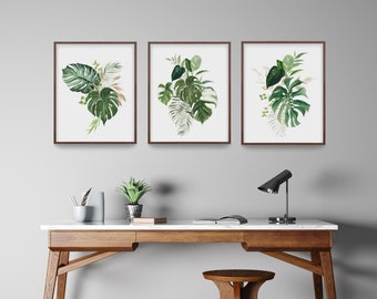 Monstera Leaf, Botanical Print Set, Tropical Decor, Plant Poster, Living Room Wall Art, Bedroom Wall Decor, Watercolor Painting, Home Decor