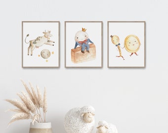 Canciones infantiles en acuarela, arte mural vintage para guardería, Humpty Dumpty, La vaca saltó sobre la luna, Plato y cuchara, Mamá Ganso, juego de 3 para la sala de juegos