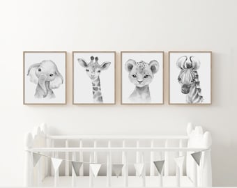 Safari Nursery Decor, Watercolor Animal Prints, Black and White Nursery Wall Art, Elephant Giraffe Zebra Jungle Gender Neutral Africa