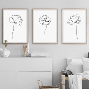 Floral Line Drawing Set of 3 Black and White Prints - Etsy Australia