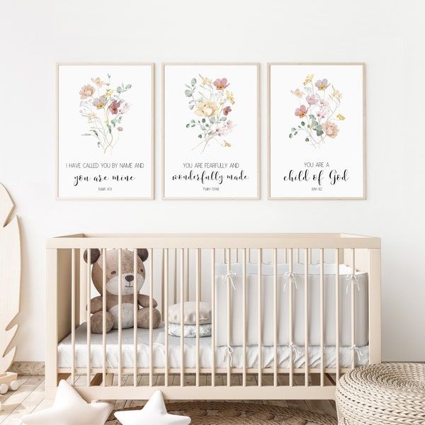 Christian Nursery Decor, Kids Bible Verse Wall Art, Watercolor Flowers, Scripture Print, Wildflower Baby Girl Nursery, Bedroom Wall Decor