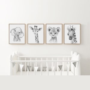 Decoración de guardería de safari, estampados de animales en acuarela, arte de pared de guardería en blanco y negro, elefante, jirafa, cebra, jungla, género neutro, África