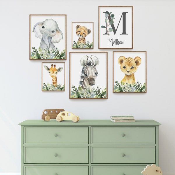 Safari kinderkamer decor, baby jongen kinderkamer kunst aan de muur, aquarel dierenprints, kinderkamer decor, kinder jungle, olifant giraffe, speelkamer