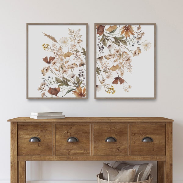 Wildflower Prints, Watercolor Flowers, Farmhouse Decor, Meadow Grass, Bedroom Wall Decor, Dried Pressed Flower, Autumn Fall, Earth Monotone
