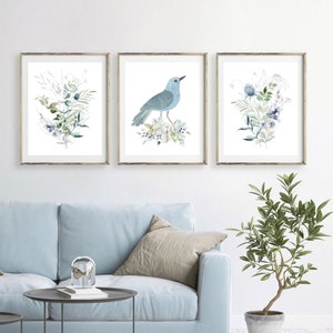 Light Blue Flowers Folk Art Bird Botanical Print Set - Etsy