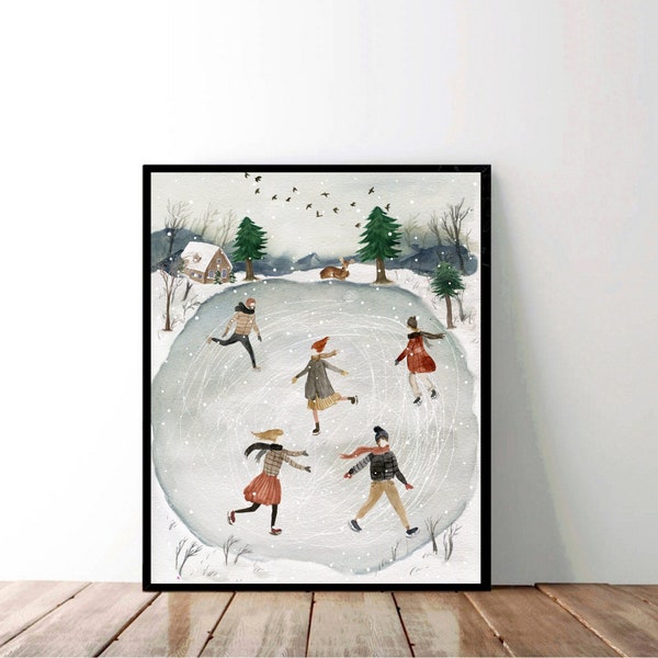 Winter Decor, Ice Skating, Living Room Wall Art, Rustic Holiday Decor, Vintage Christmas Print, Winter Wall Art, Home Decor Gift Watercolor