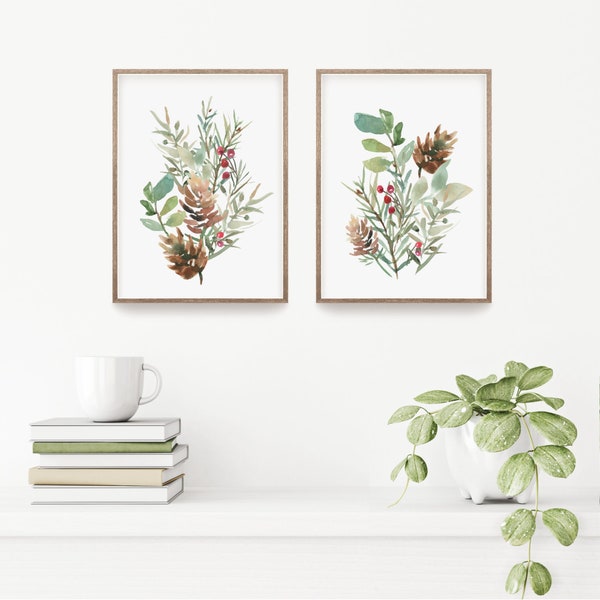 Winterboeketten, botanische printset, Holly Evergreen Pine, kunst aan de muur in de woonkamer, plantenposters, kerstdecoratie, vakantiedecor, set