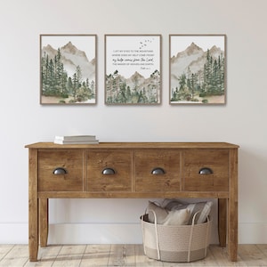 Psalm 121:1-2, I Lift My Eyes to the Mountains, Bible Verse Wall Art, Scripture Print, Christian Gift for Men, Baby Boy Nursery, Watercolor