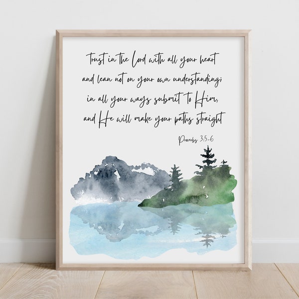 Proverbs 3:5-6, Trust in the Lord with All Your Heart, Bible Verse Wall Art, Christian Gift for Men, Scripture Print, Watercolor Landscape