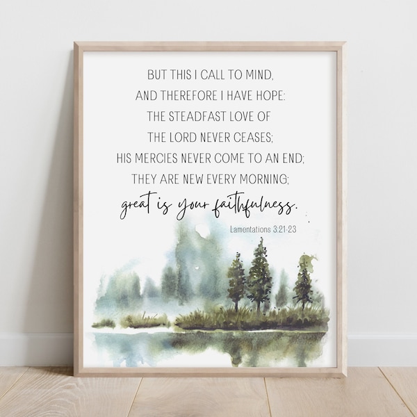 Lamentations 3:21-23, Steadfast Love, Bible Verse Wall Art, Scripture Print, Watercolor Landscape, Christian Gift for Men Bedroom Wall Decor