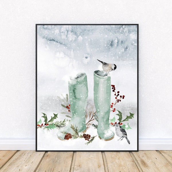 Winter Decor, Home Decor Gift, Rustic Cabin Decor, Christmas Decoration, Holiday Decor, Winter Boots Women, Snow Evergreen Tree, Bedroom