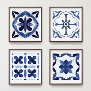 Spanish Tile Wall Art, Set of 4 Watercolor Moroccan Tiles, Blue and White Wall Art, Italian Mediterranean Greek, Square Talavera Tiles, Navy