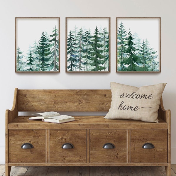 Aquarelles, Arbres à feuilles persistantes, oeuvre d'art murale pour le salon, décoration murale de chambre à coucher, cadeau déco pour la maison, oeuvre d'art à imprimer, décoration de cabane