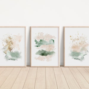 Abstract Painting Set, Triptych Wall Art, Bedroom Wall Decor, Watercolor Print, Blush Pink Gold Green, Pastel Color, Gift for Her Wife image 6