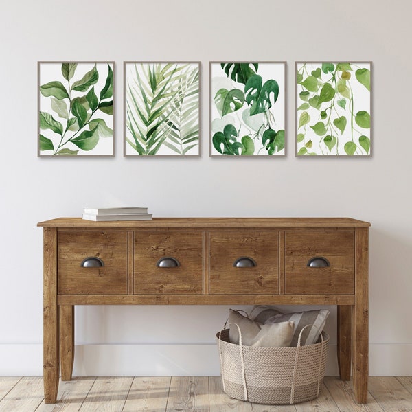 Botanical Print Set, Plant Posters, Set of 4 Leaf Prints, Foliage Greenery, Abstract Painting, Bedroom Wall Decor, Living Room Watercolor