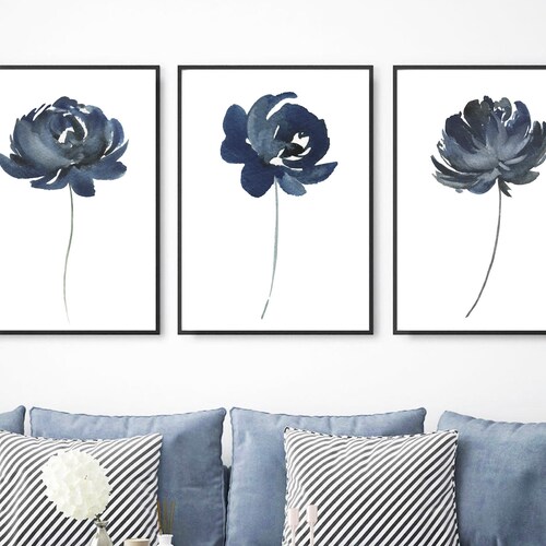 Navy Watercolor Flower Wall Art Printable Floral Wall Art Etsy