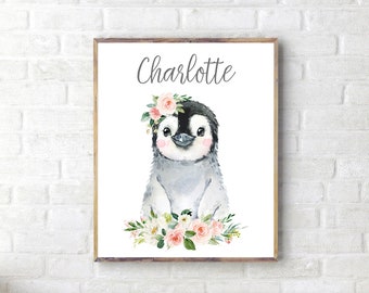 Nursery Name Print, Custom Name, Baby Penguin Watercolor, Baby Girl Nursery Wall Art, Personalized Gift, Boho Nursery Name, Girls Room Decor