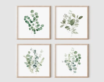 Watercolor Eucalyptus Printables, Gallery Wall Set, Botanical Print Set, Plant Posters, Square Leaf Prints, Set of 4 Square Digital Download