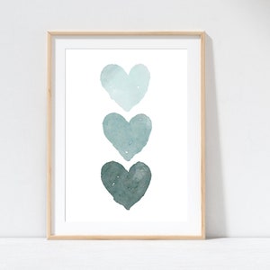 Pintura de acuarela de corazón, corazones verde azulado, arte de pared para guardería, regalo de baby shower, arte minimalista, decoración de pared de dormitorio, regalo de San Valentín imprimible